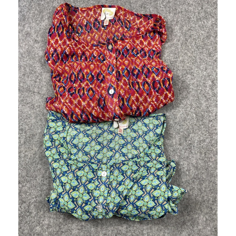 Fig & Flower Tunic Shirt Women 2X Multicolored Geometric Boho Peasant Prairie x2